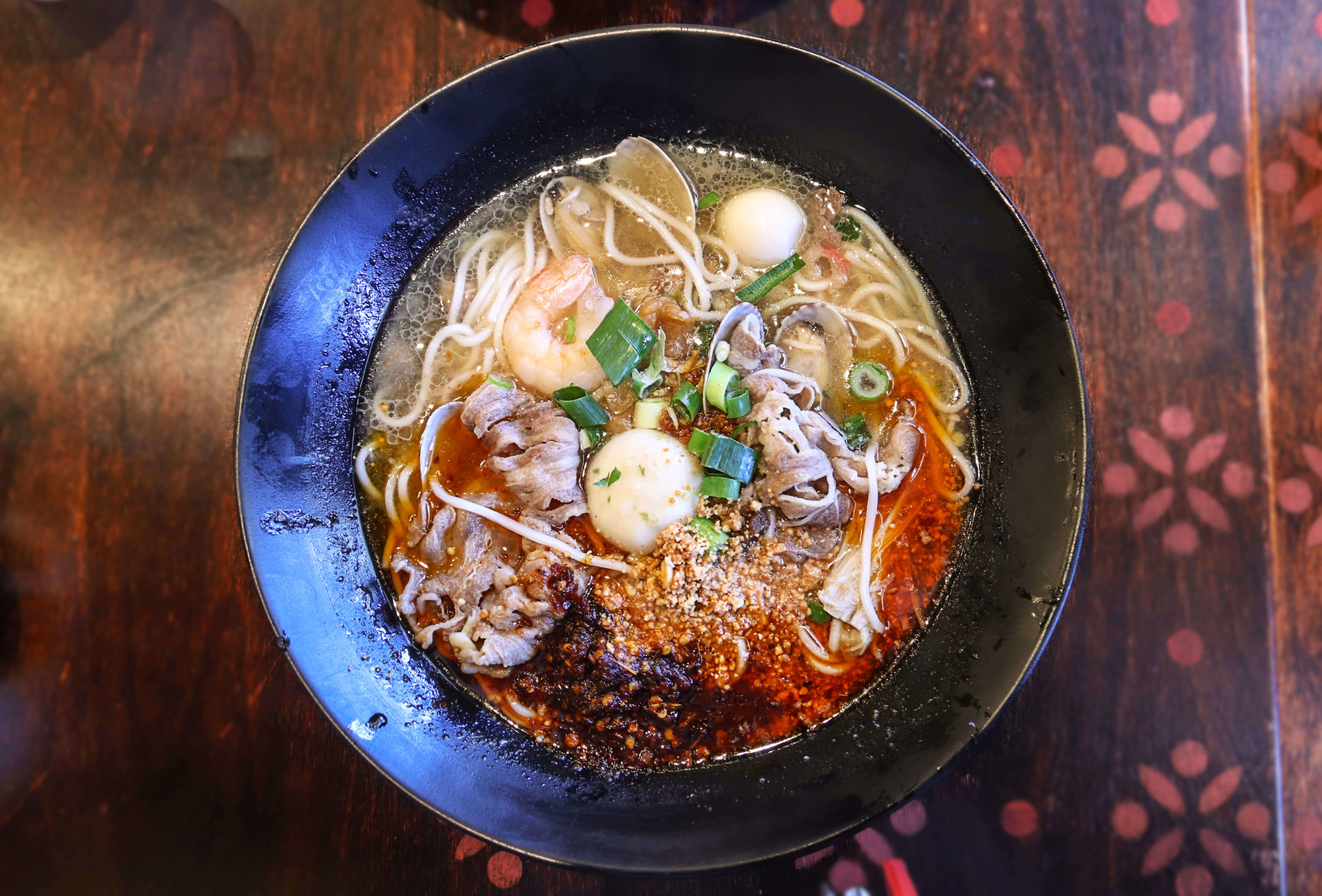 Spicy Mama Noodle Soup With Meat, Seafood And Chilli