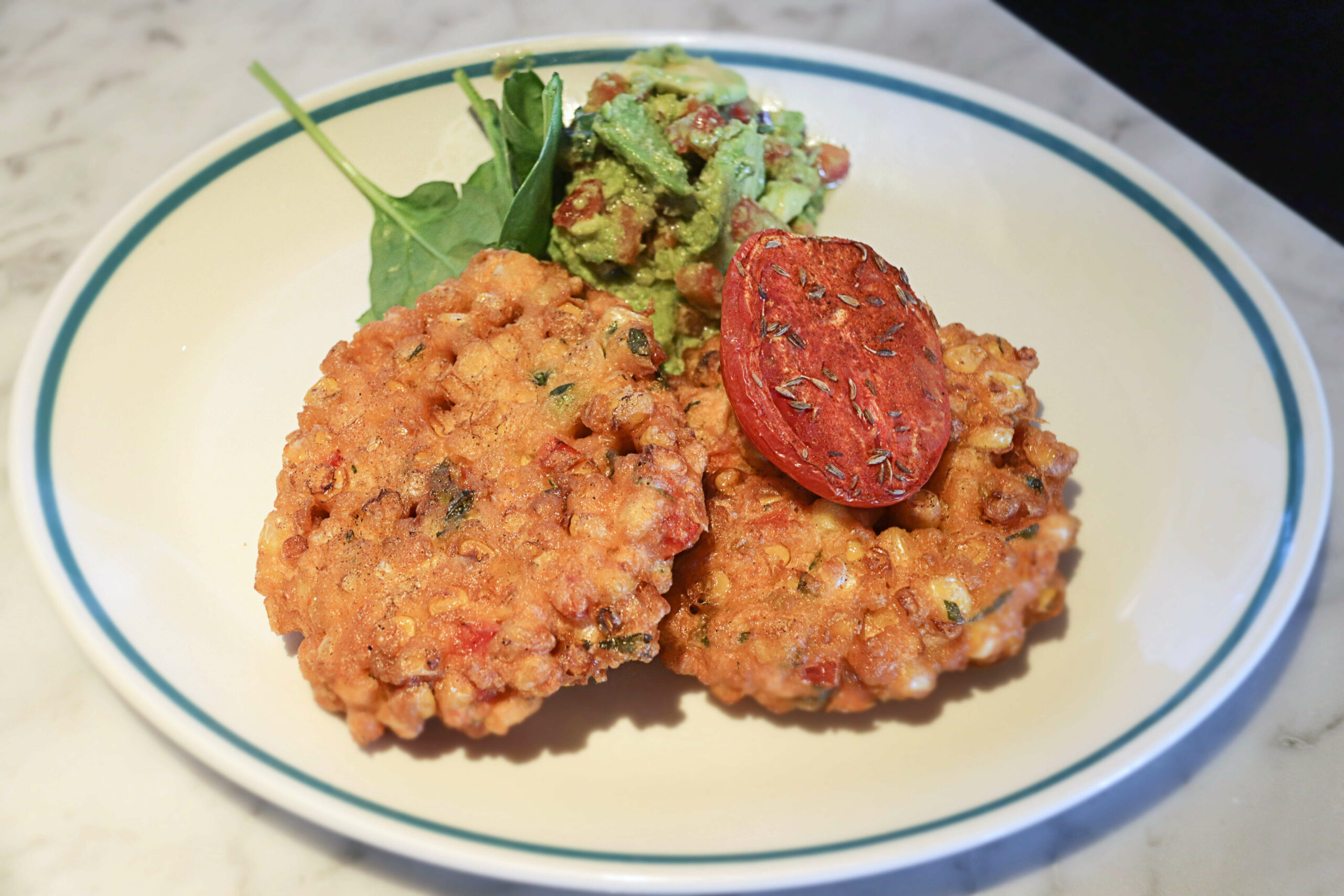 Sweet Corn Fritters, Roast Tomato And Spinach