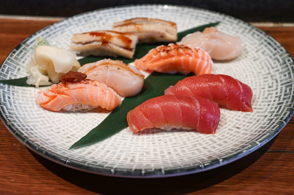 Sushi Nigiri Plate With Salmon, Tuna, Eel, And Scallop Nigiri