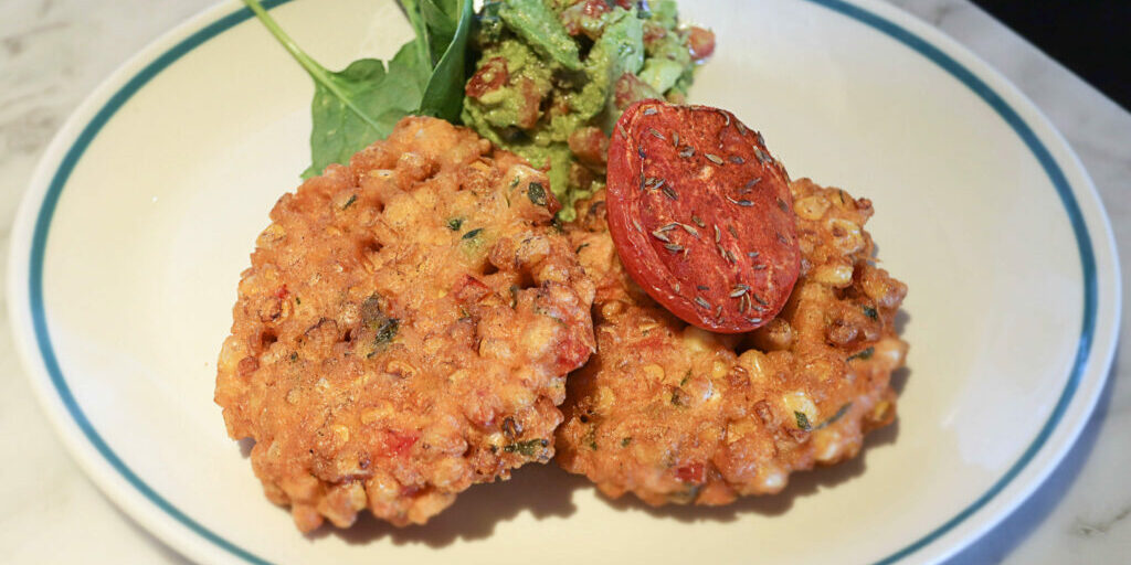 Sweet Corn Fritters, Roast Tomato And Spinach